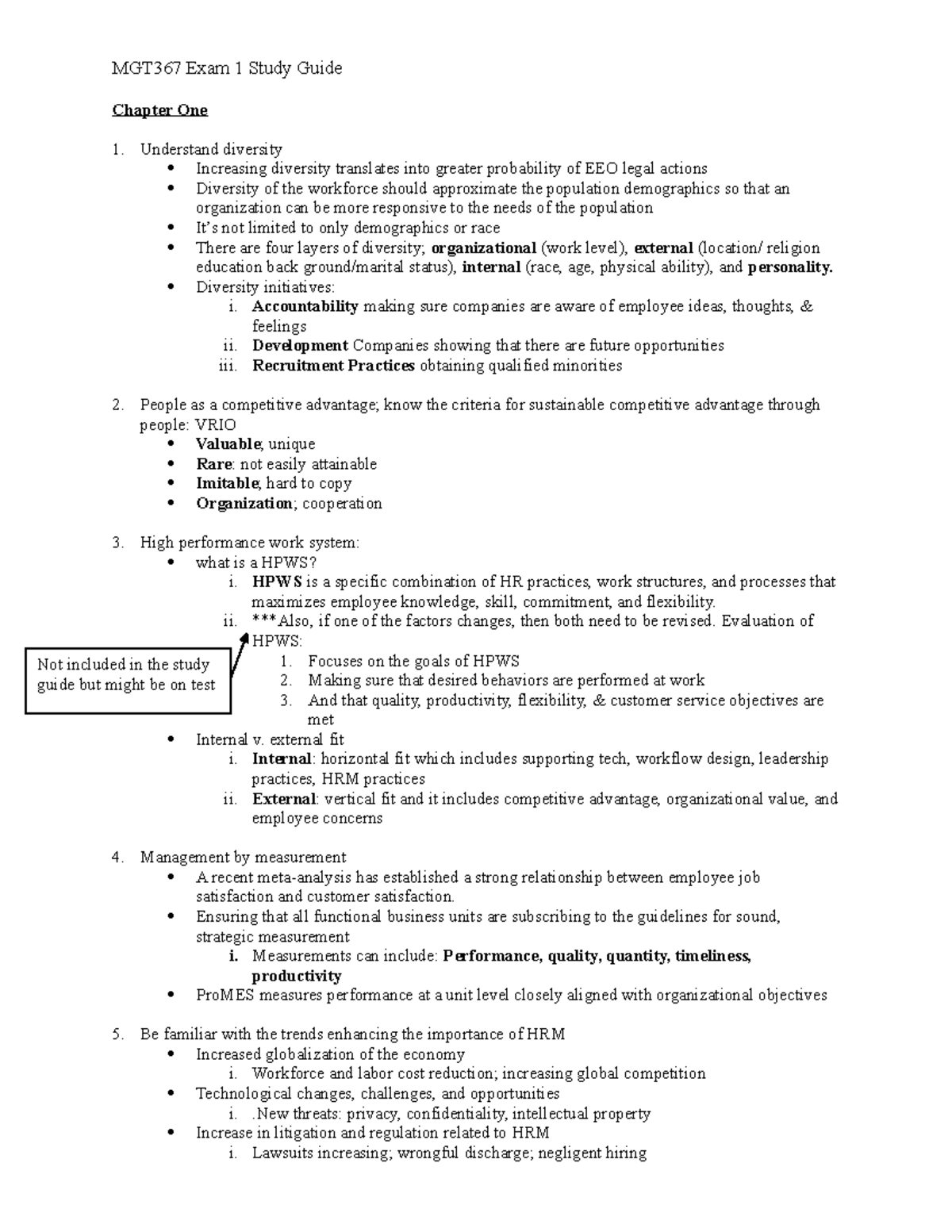 Exam 1 Study Guide - Lecture notes 1, 3-5 - MGT367 Exam 1 Study Guide ...