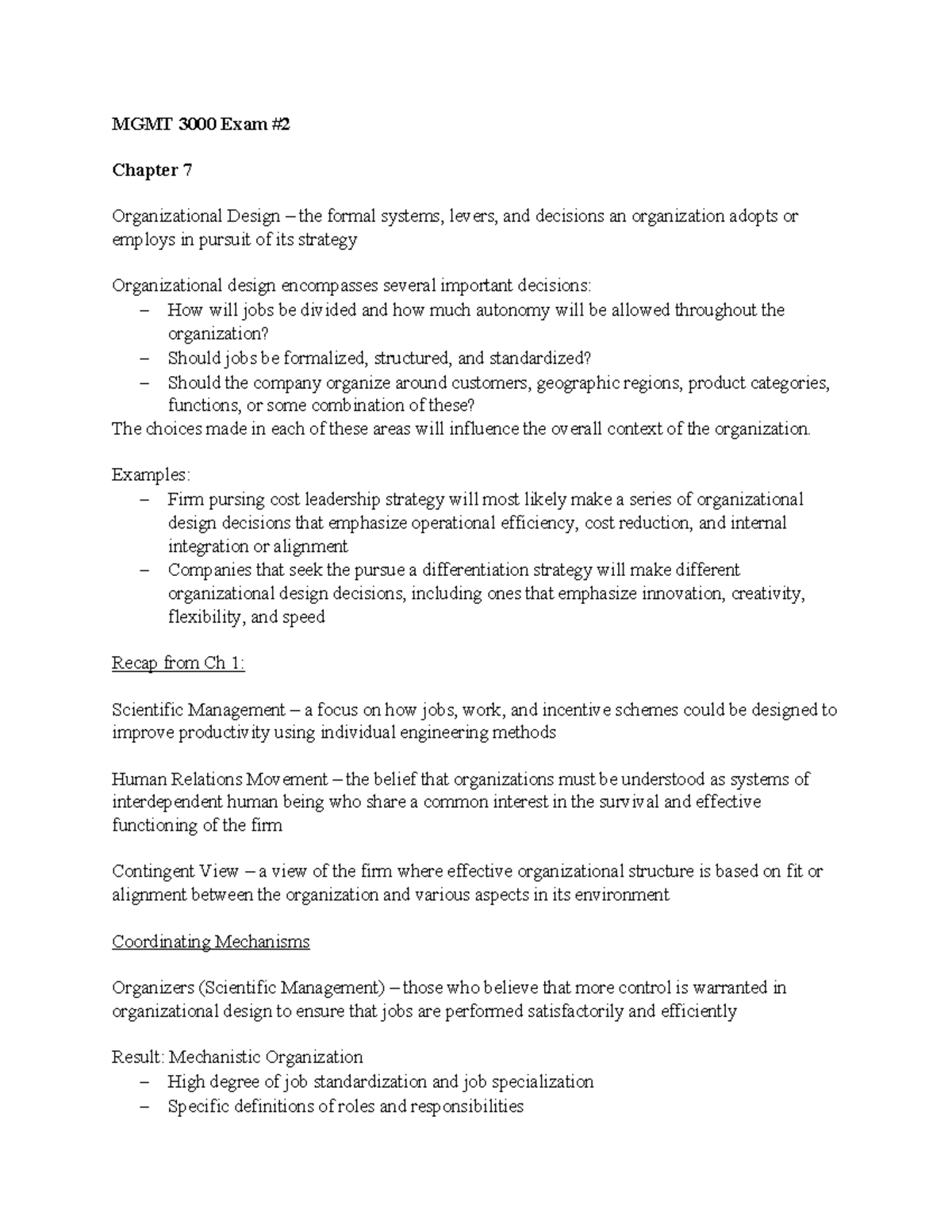 MGMT3000 Test 2 Notes - Lyons test 2 - MGMT 3000 Exam # Chapter 7 ...