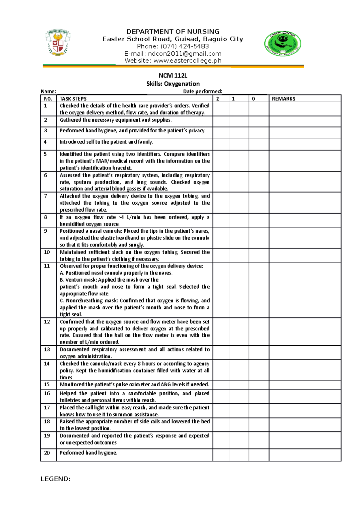 Checklist-for-Oxygenation - DEPARTMENT OF NURSING Easter School Road ...