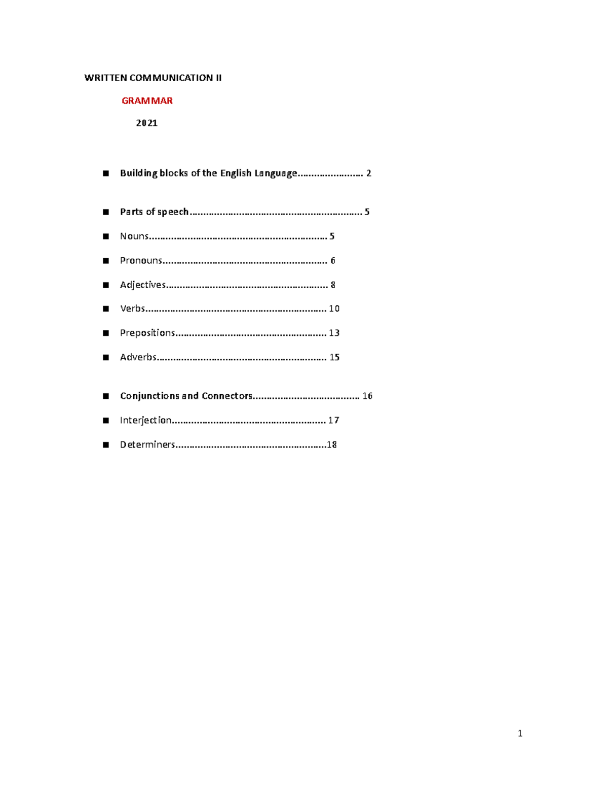 Grammar 2021 - WRITTEN COMMUNICATION II Building Blocks of the English ...
