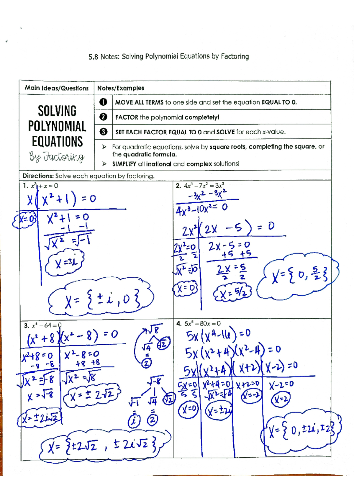 5.8 Notes KEY - 5 Notes: Solving Polynomial Equations Factoring Main ...