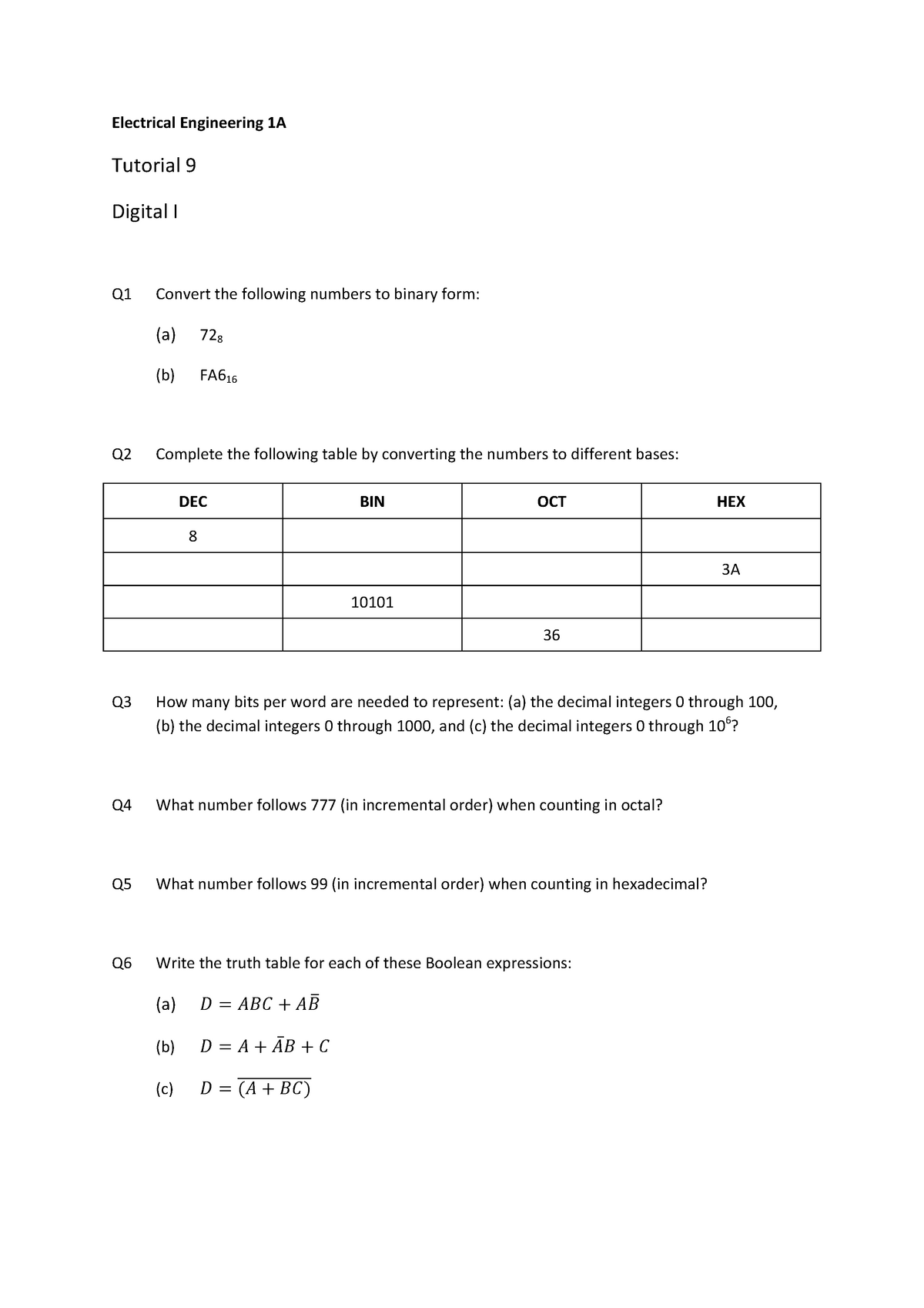 Tutorial 09 - Electrical Engineering 1A Tutorial 9 Digital I Q1 Convert ...