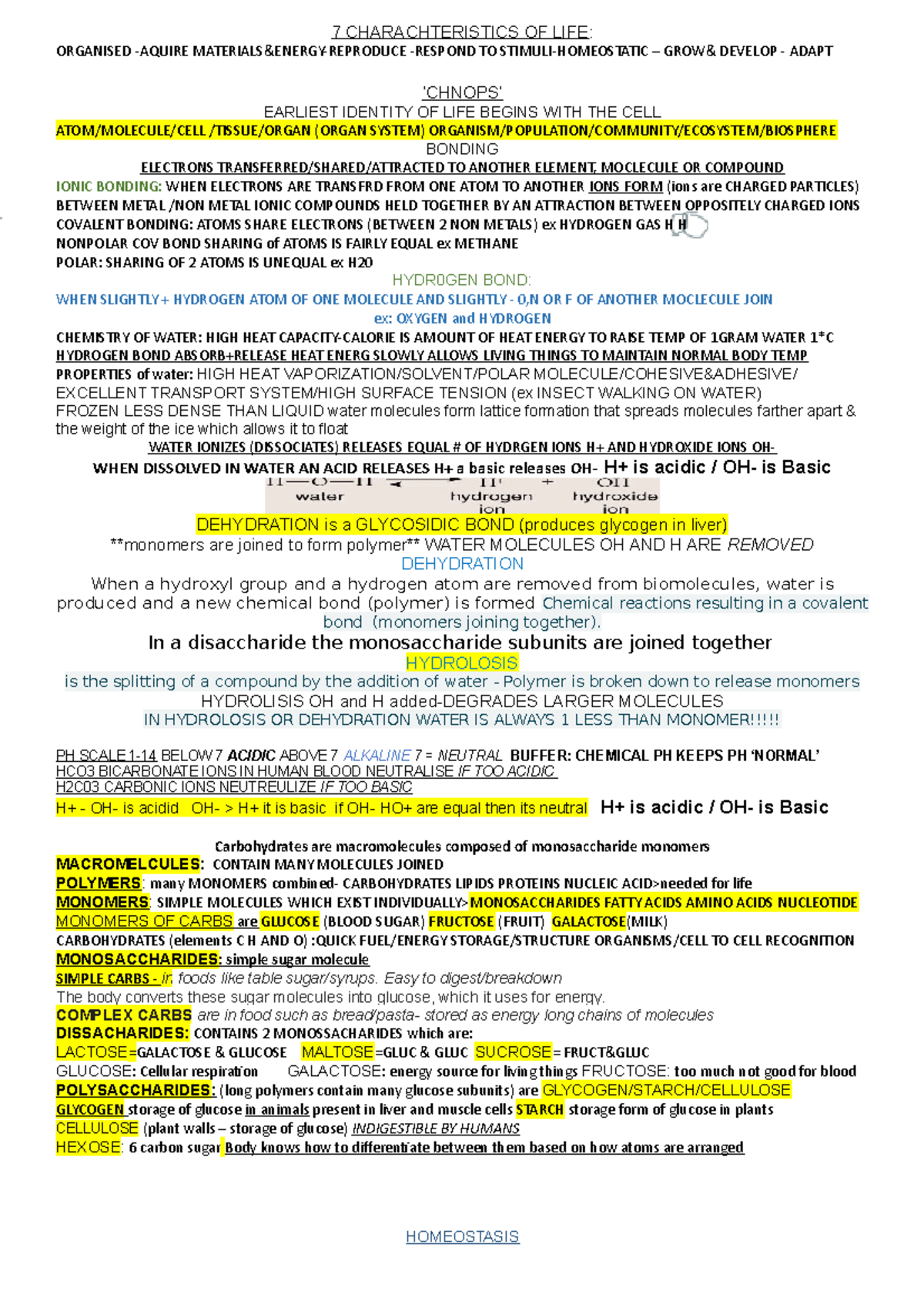 BIO TEST 1 Study Notes tissues cells homeostasis - 7 CHARACHTERISTICS ...