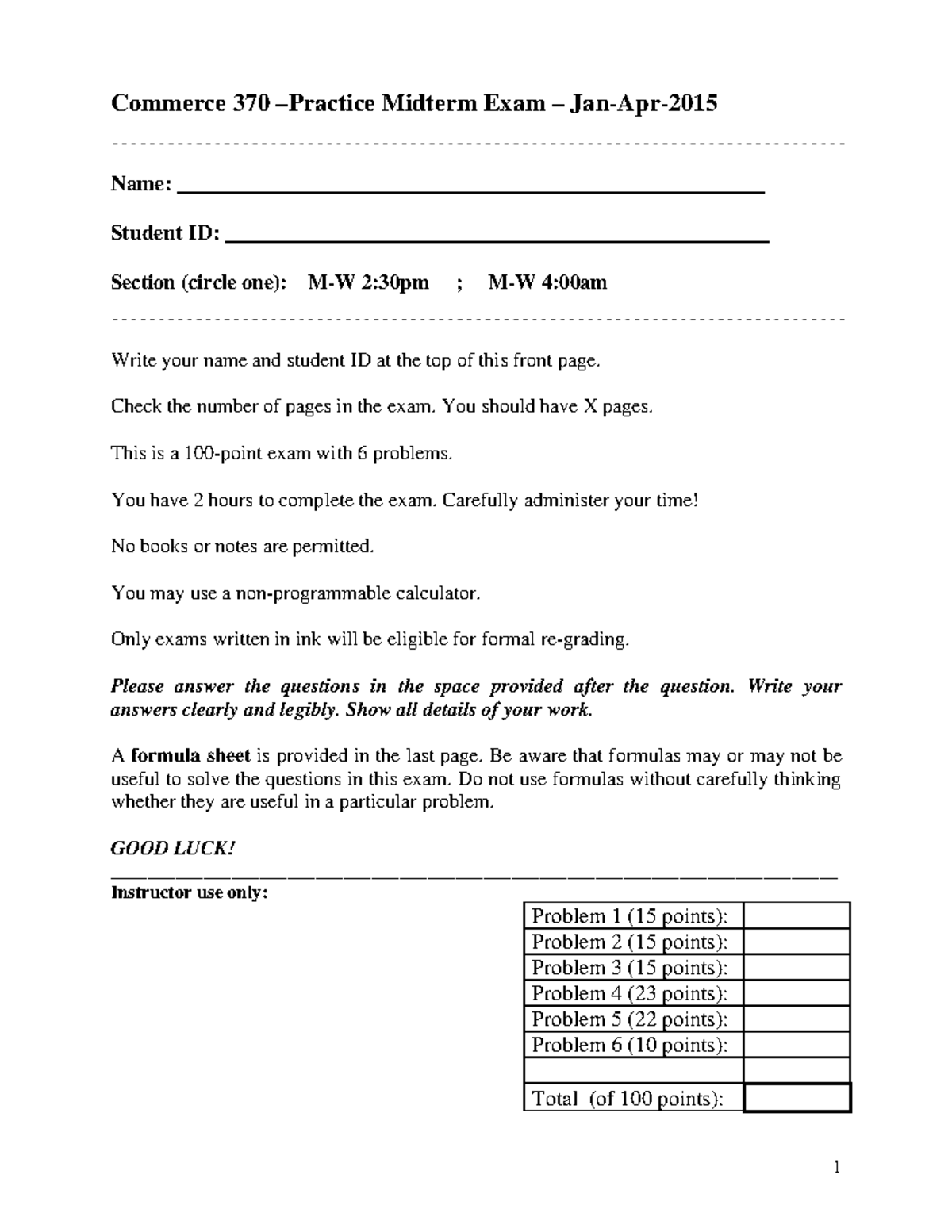 COMM370 - Practice Midterm Exam - Jan-Apr-2015-Questions - Commerce 370 ...