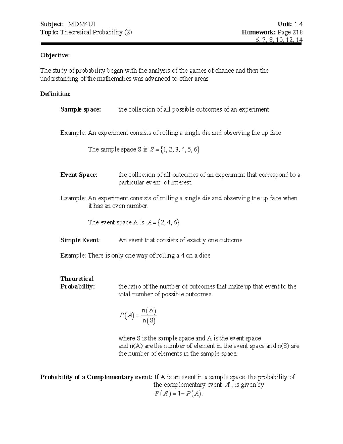 Unit 1 - Unit 1.4 - Subject: MDM4UI Unit: 1. Topic: Theoretical ...