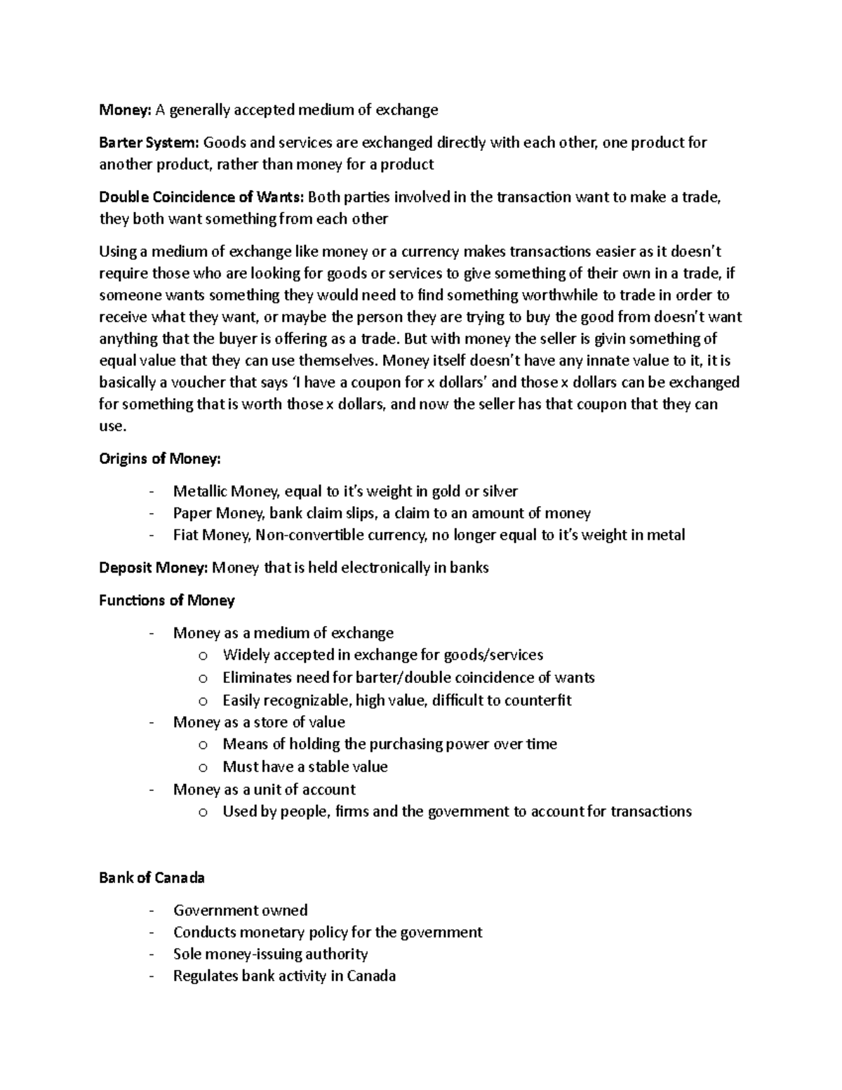 EC140 Chapter 11 Notes - Money: A generally accepted medium of exchange ...