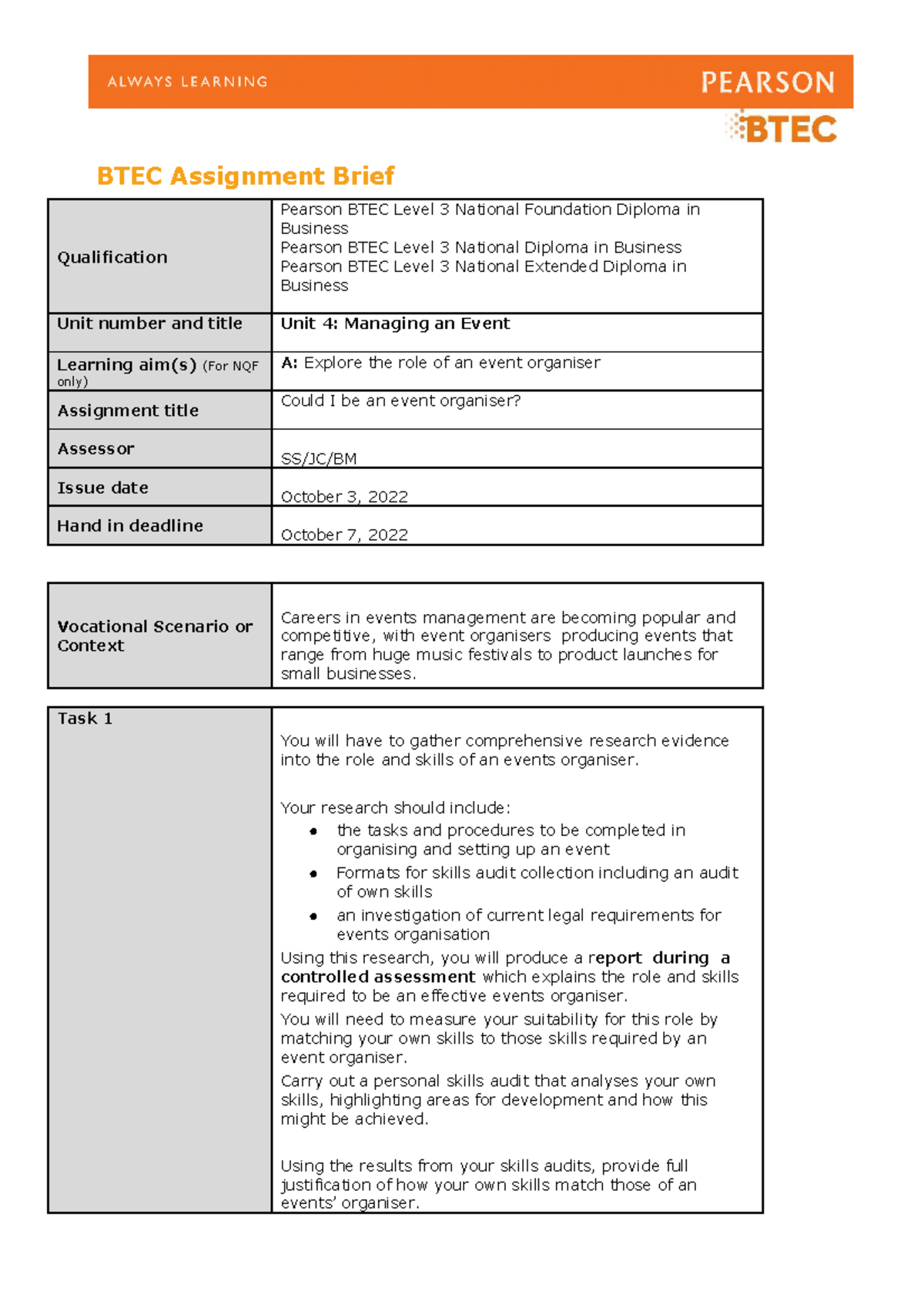 Unit 4 Assignment 1 Learning Aim A Btec Assignment Brief Qualification Pearson Btec Level 3