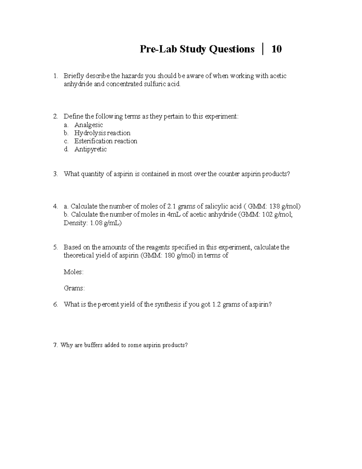 Prelab 10 Preparation of Aspirin PreLab Study Questions 10 1