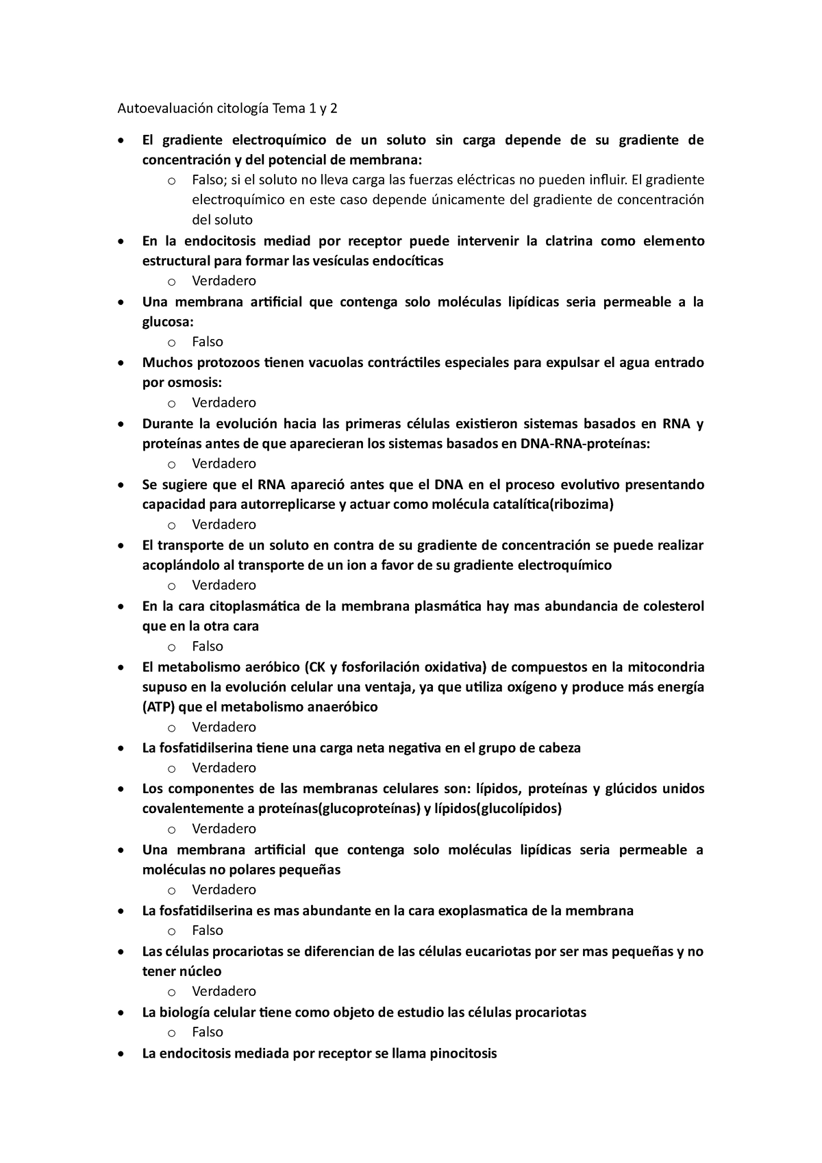 Autoevaluacion Tema 1 Y 2 - Autoevaluación Citología Tema 1 Y 2 El ...