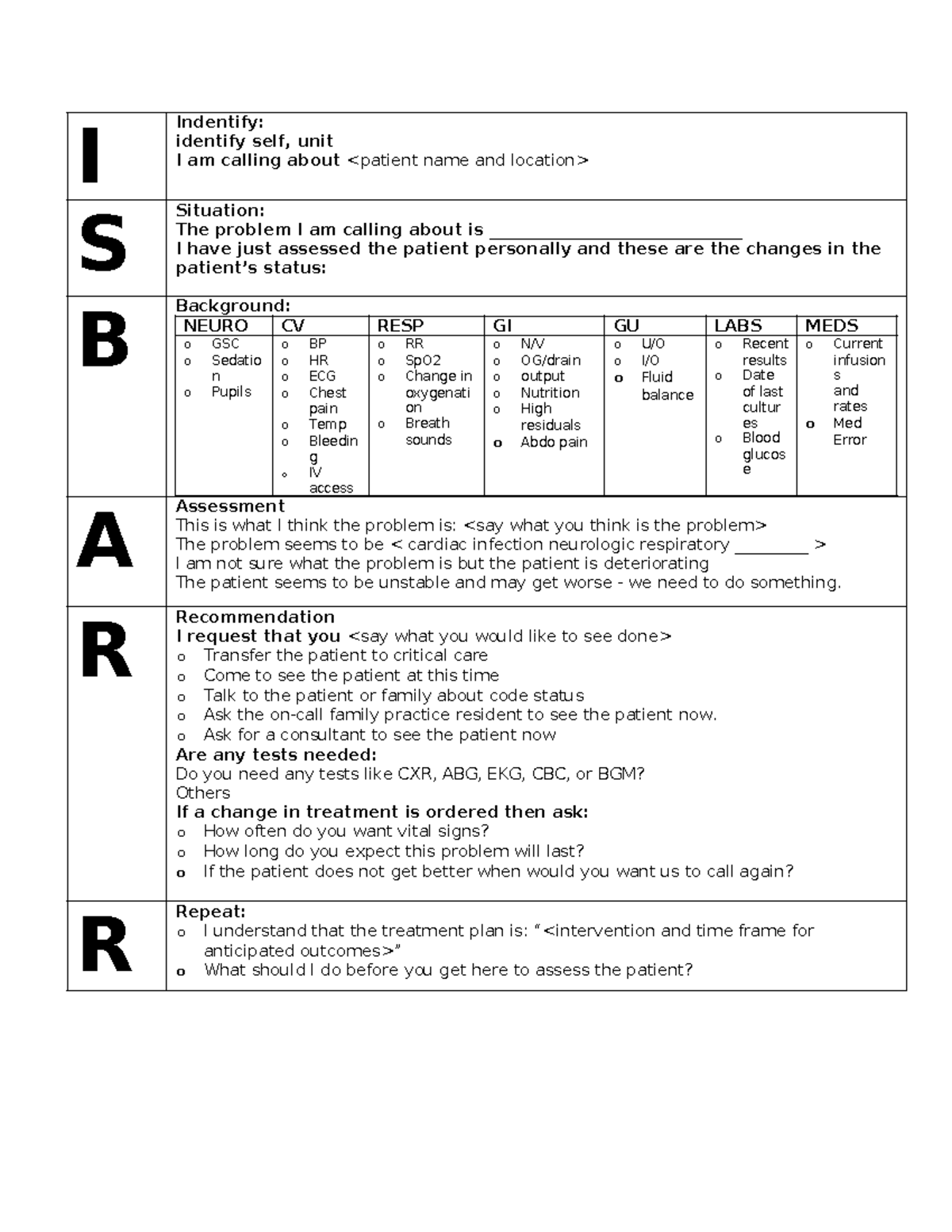 Isbarrform - Tagged - ISBAR - I Indentify: identify self, unit I am ...