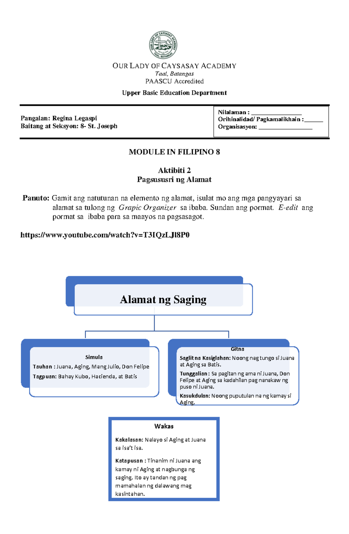 Legaspi- Aktibiti-2- Pagsusuri-NG- Alamat - OUR LADY OF CAYSASAY ...