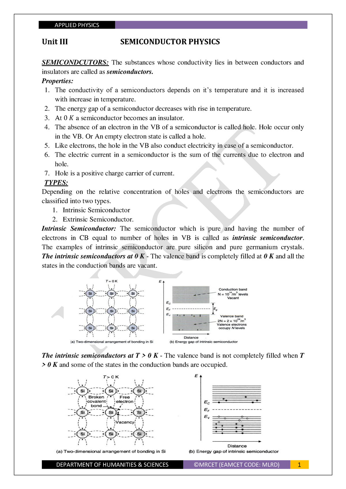 Applied Physics - Unit III SEMICONDUCTOR PHYSICS SEMICONDCUTORS: The ...