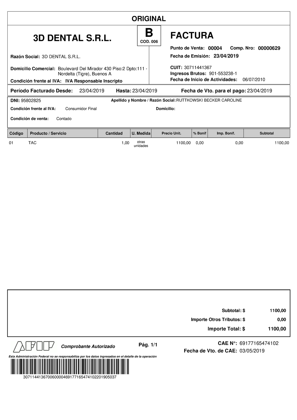 Factura Becker - ORIGINAL B 3D DENTAL S.R. COD. 006 FACTURA Punto De ...