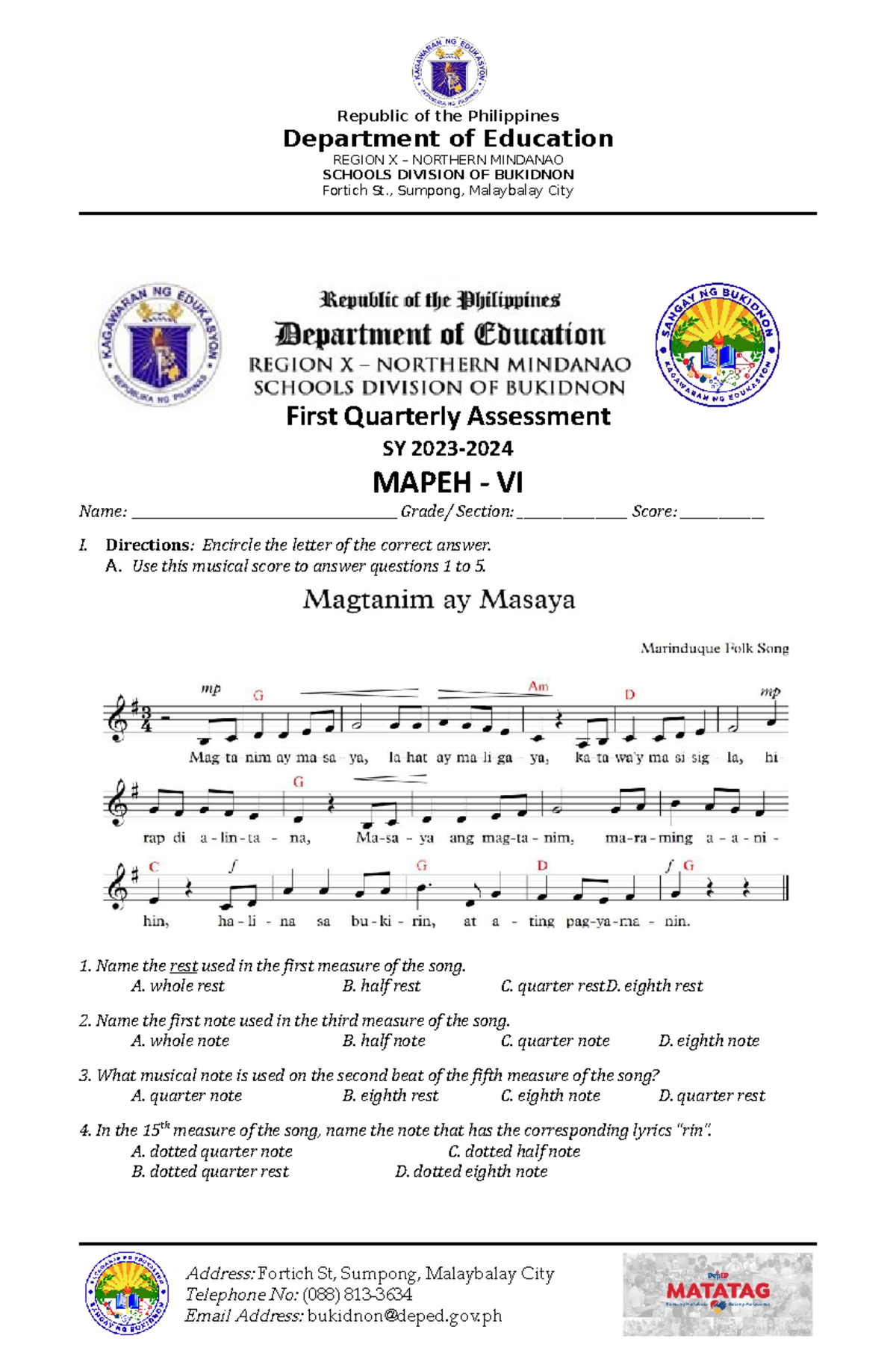 Grade 6 Mapeh Department Of Education Region X Northern Mindanao