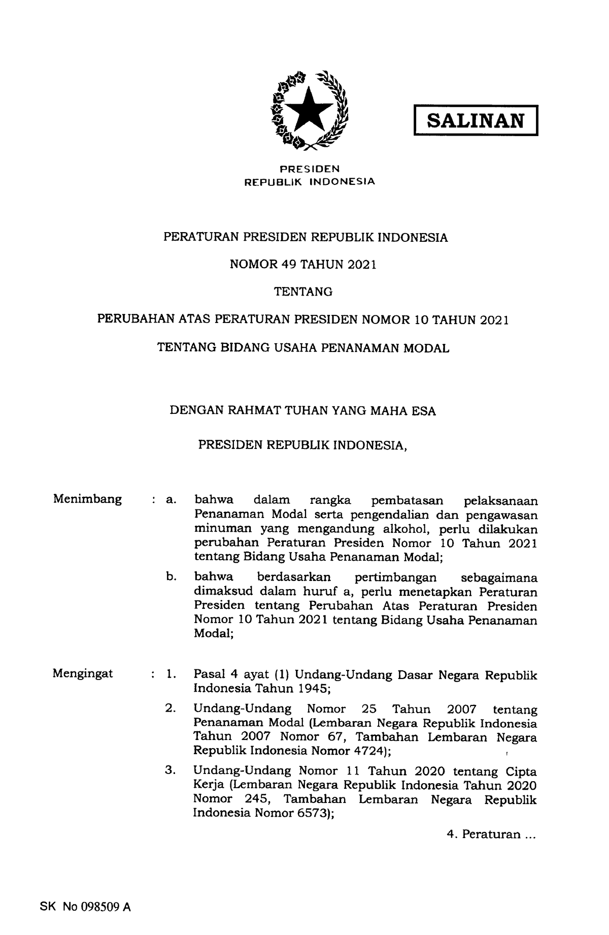 Perpres Nomor 49 Tahun 2021 - SALINAN PRESIDEN REPUBLIK INDONESIA ...