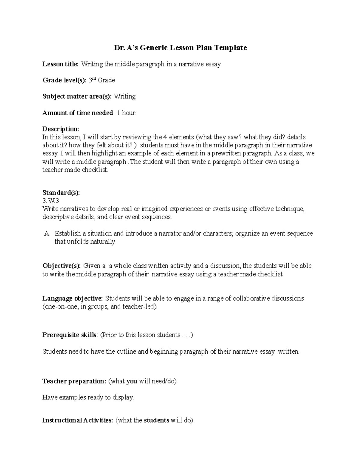 Wrting lesson plan - Dr. A’s Generic Lesson Plan Template Lesson title ...