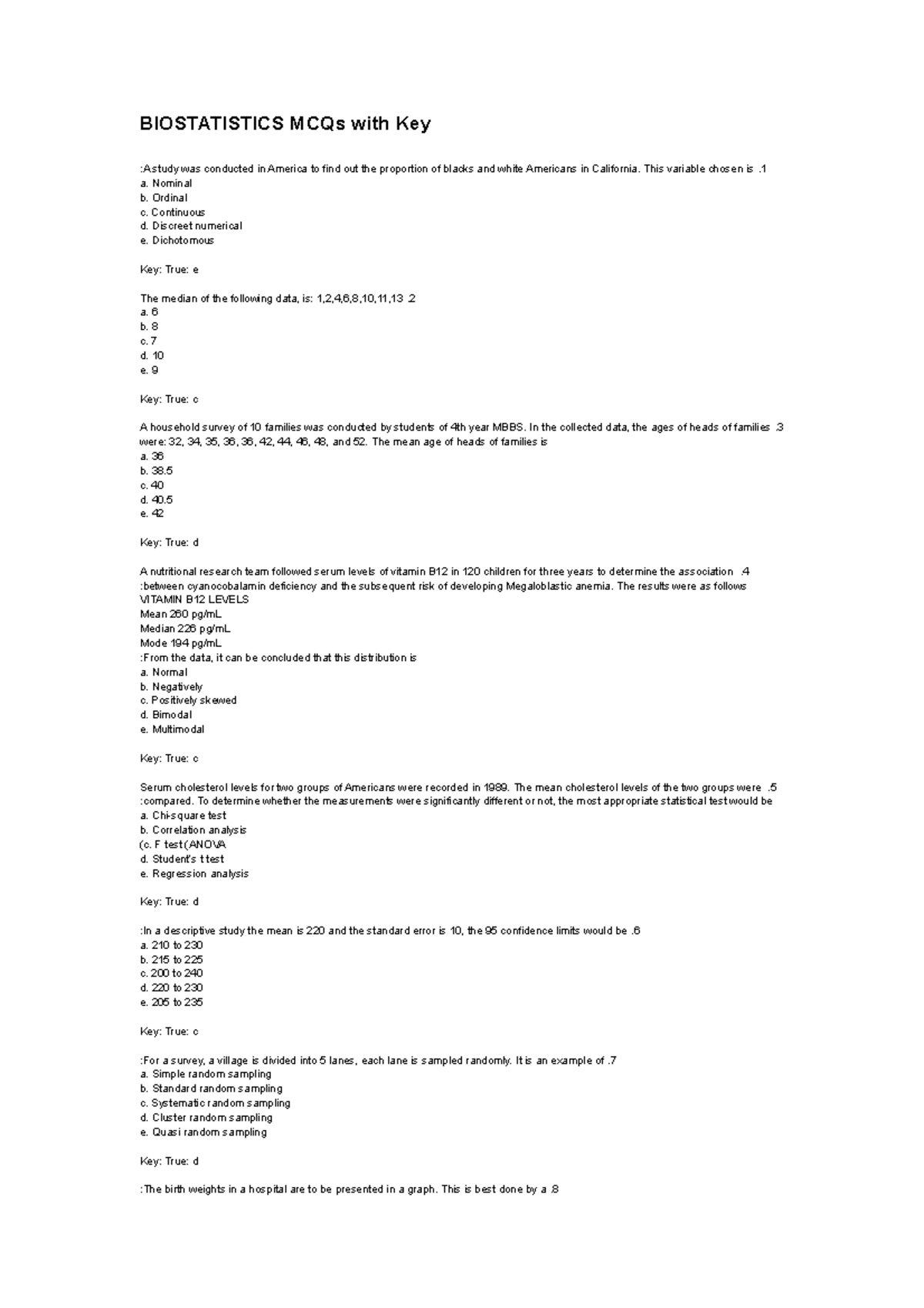 147231928 Biostatistics Mcqs With Key - BIOSTATISTICS MCQs With Key :A ...