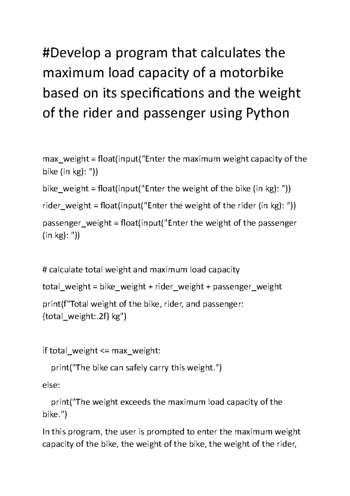 The weight of the rider-Python - #Develop a program that calculates the ...