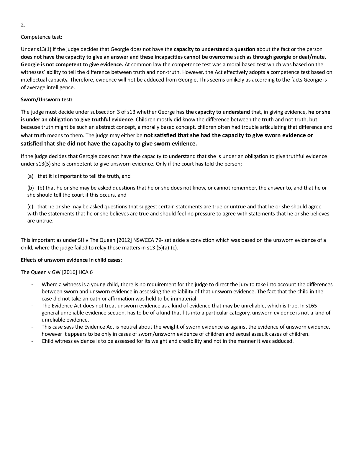 Evidence 2 Tute Work Week 2 Competence Test Under S13 If The Judge Decides That Georgie Does Not Have The Capacity To Understand Question About The Fact Or Studeersnel