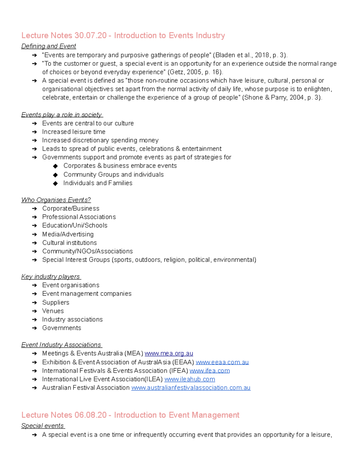 Event management lecture notes - Lecture Notes 30.07 - Introduction to ...