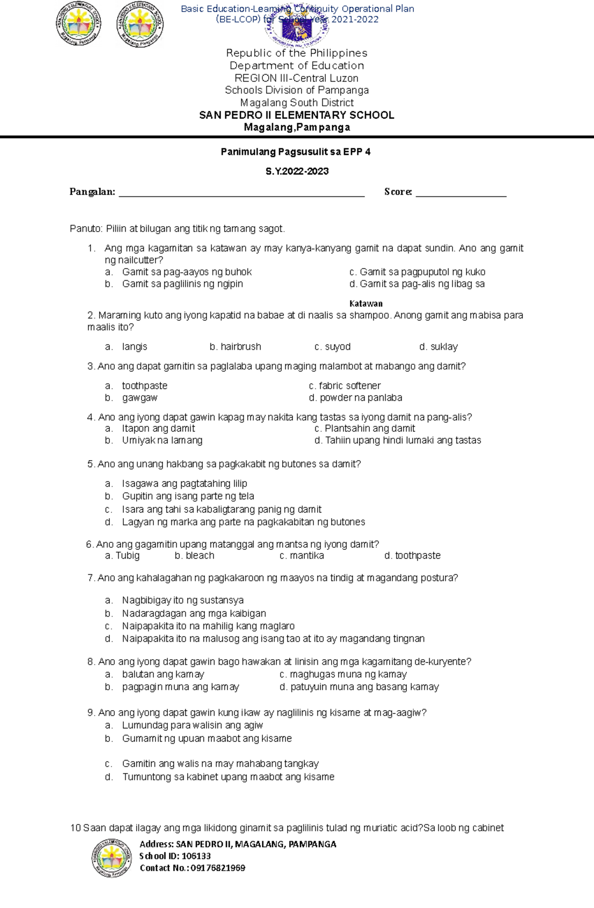 Pretest EPP Test Republic Of The Philippines Department Of survey-of-philippine-literature-in-english-survey-of-philippine