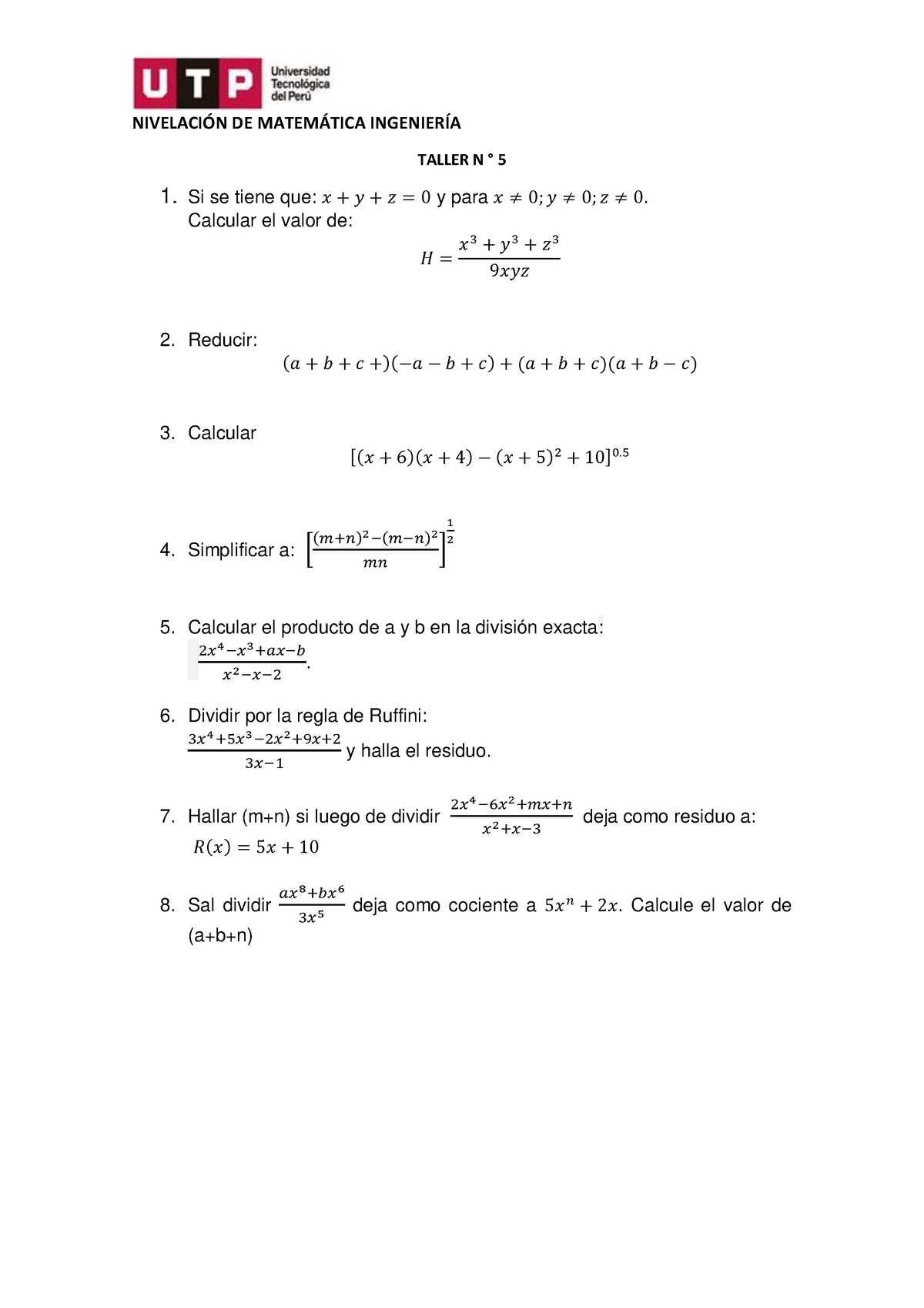 Taller N° 5 -TAREA - NIVELACI”N DE MATEM¡TICA INGENIERÕA TALLER N ∞ 5 1 ...