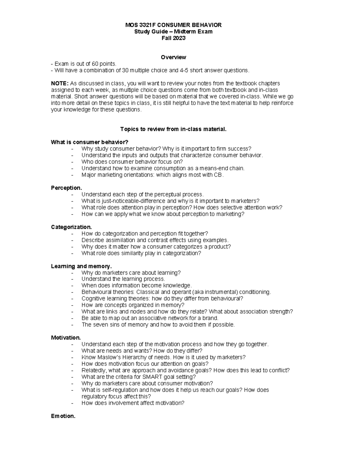 Midterm Study Guide - MOS 3321F CONSUMER BEHAVIOR Study Guide – Midterm ...