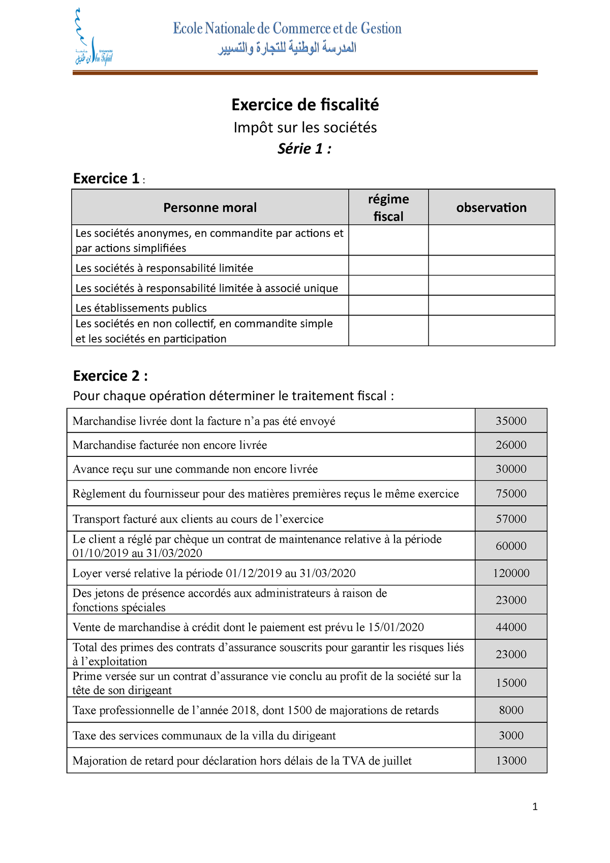 Fiscalité S5 Serie 1 - Fiscalite - Exercice De Fiscalité Impôt Sur Les ...