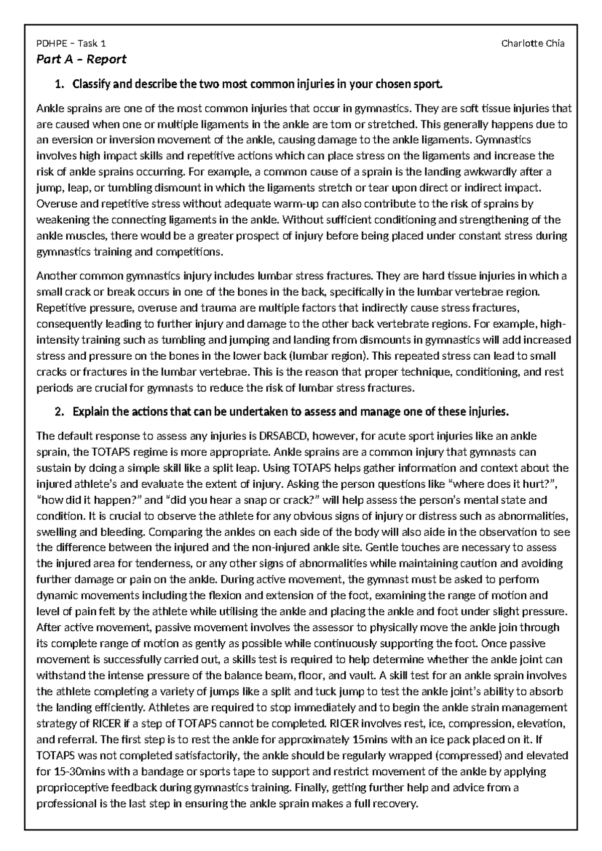 PDHPE Part 1 Assignment for Classifications of Injuries and ...