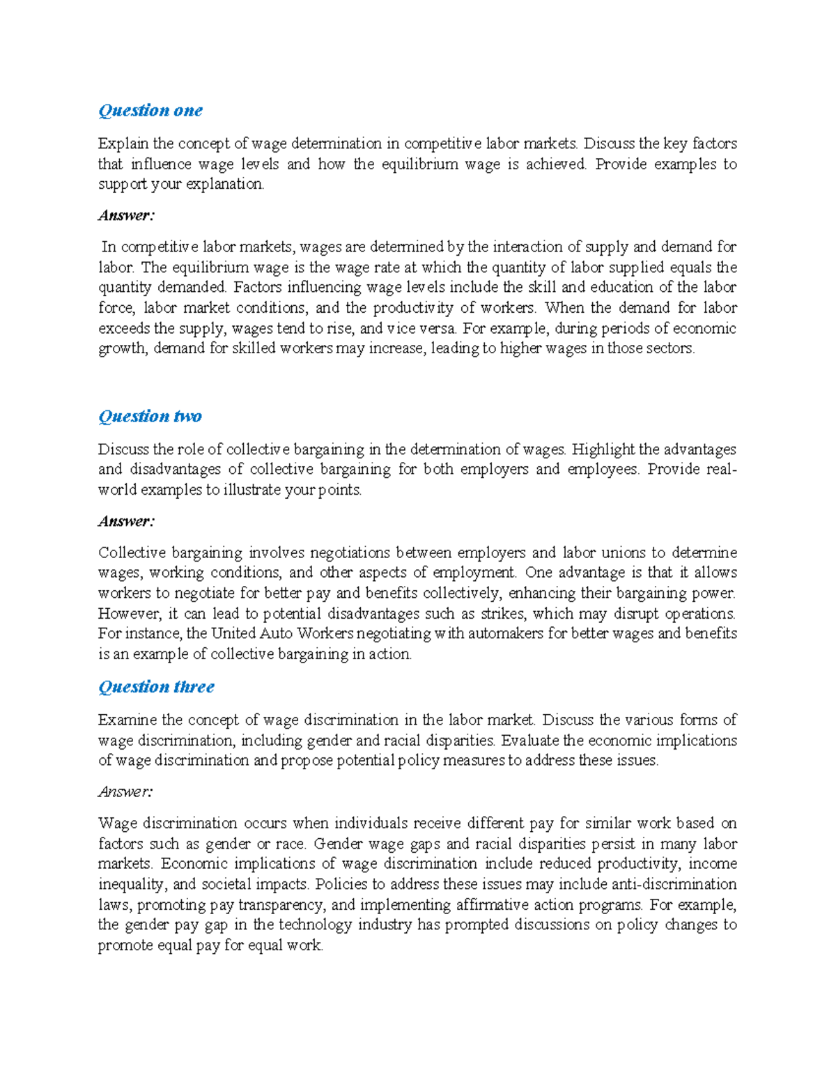 Review questions and answers - Question one Explain the concept of wage ...