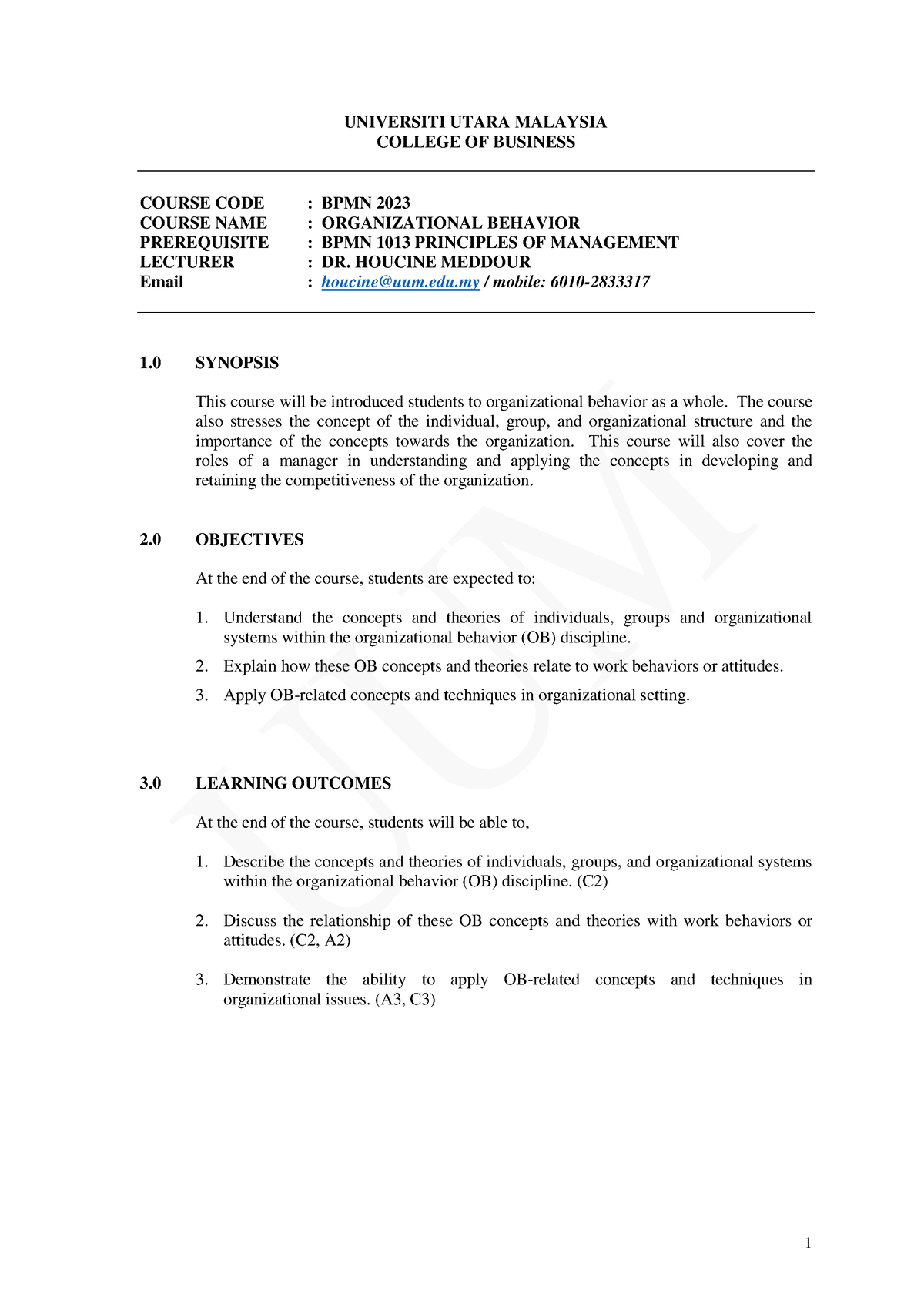 Syllabus - NOTE - UNIVERSITI UTARA MALAYSIA COLLEGE OF BUSINESS COURSE ...