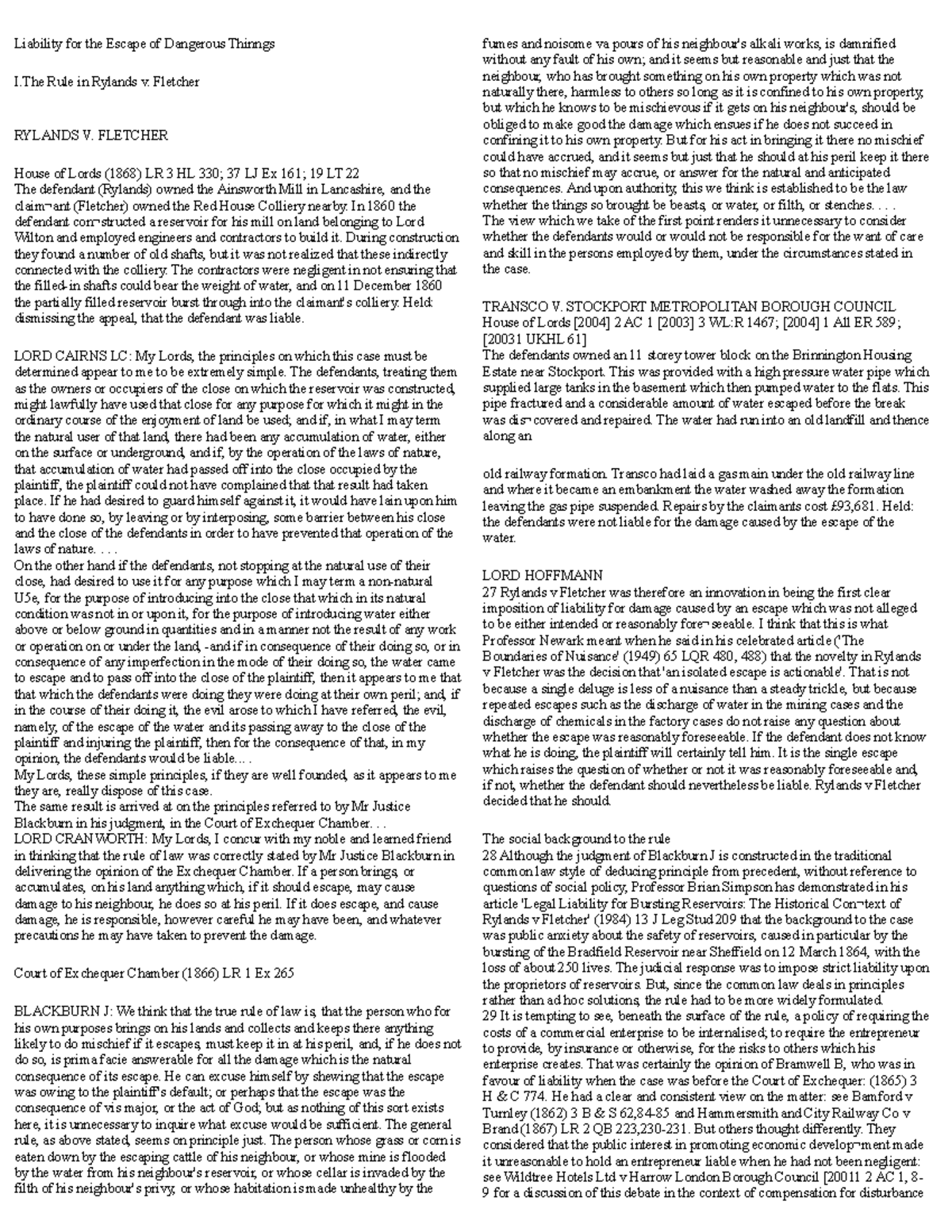 Liability for the Escape of Dangerous Thinngs Fletcher RYLANDS V