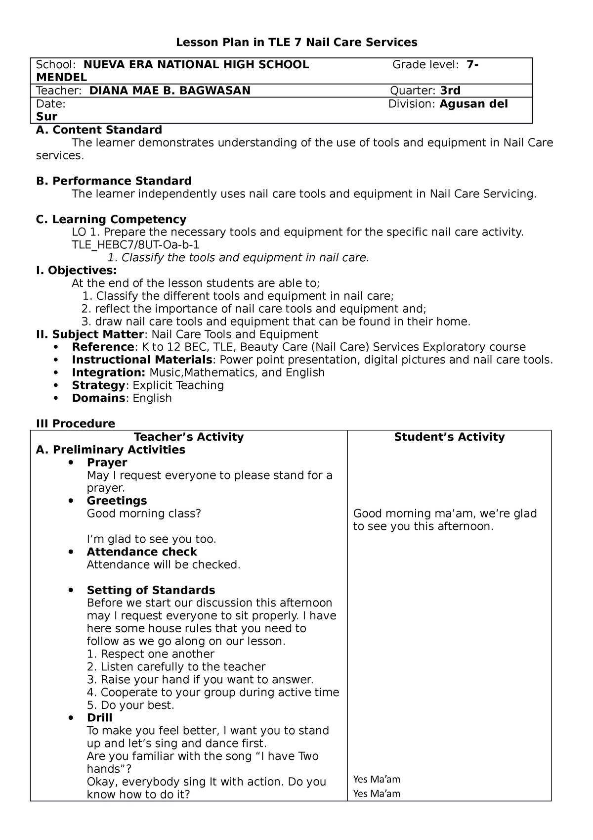 Lesson Plan in TLE 7 Nail Care Services 1 - Lesson Plan in TLE 7 Nail ...