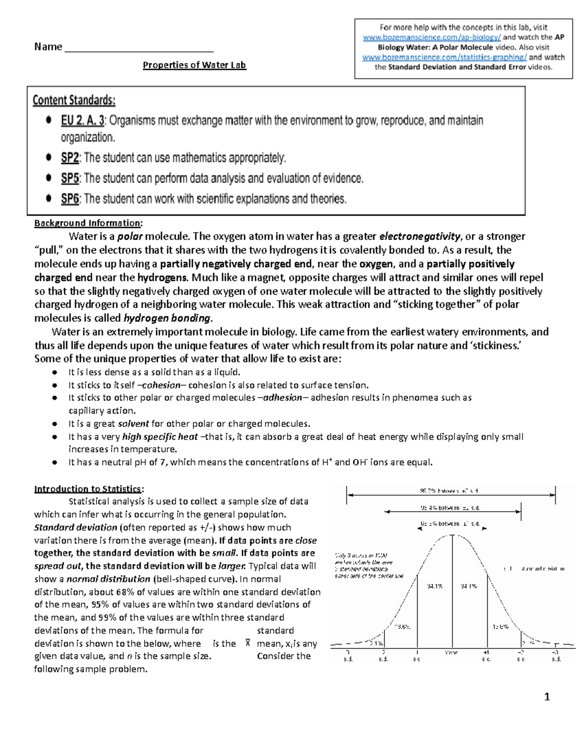Properties of Water Lab with Stats Google Doc Properties of Water