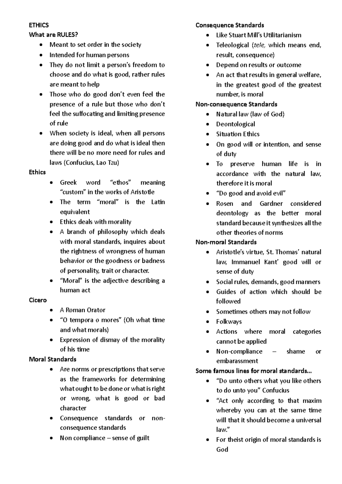 Ethicss - none - ETHICS What are RULES? - Meant to set order in the ...