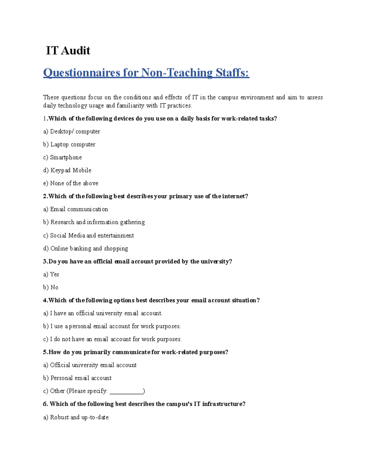 IT audit questions for nonteaching staffs IT Audit Questionnaires