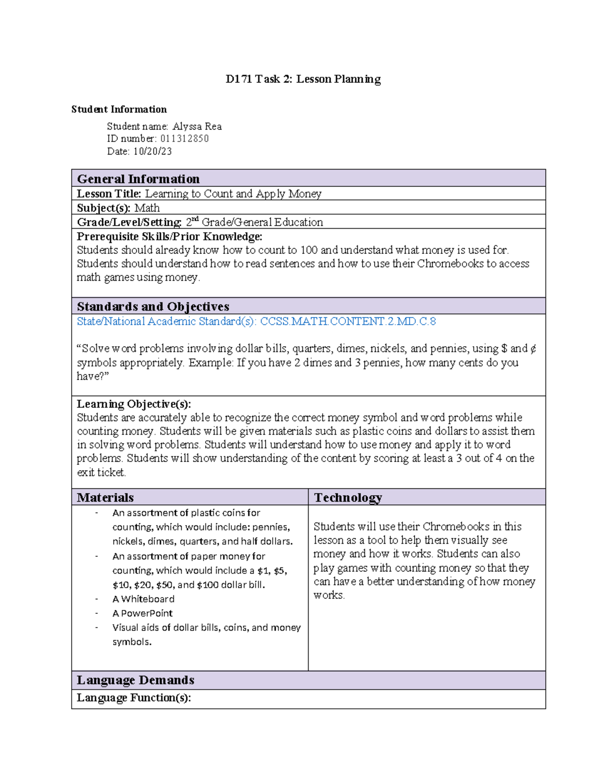 D171 Task Assignment 2 - D171 Task 2: Lesson Planning Student ...