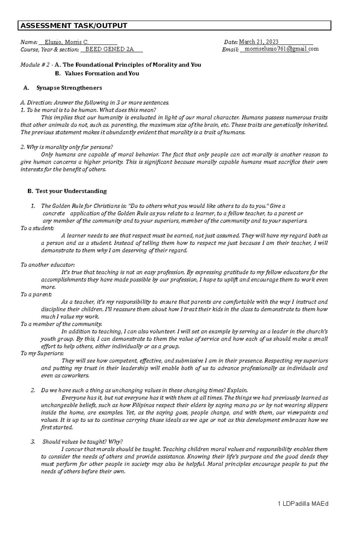 2 The Teaching Profession mod. 2 act - ASSESSMENT TASK/OUTPUT Name ...