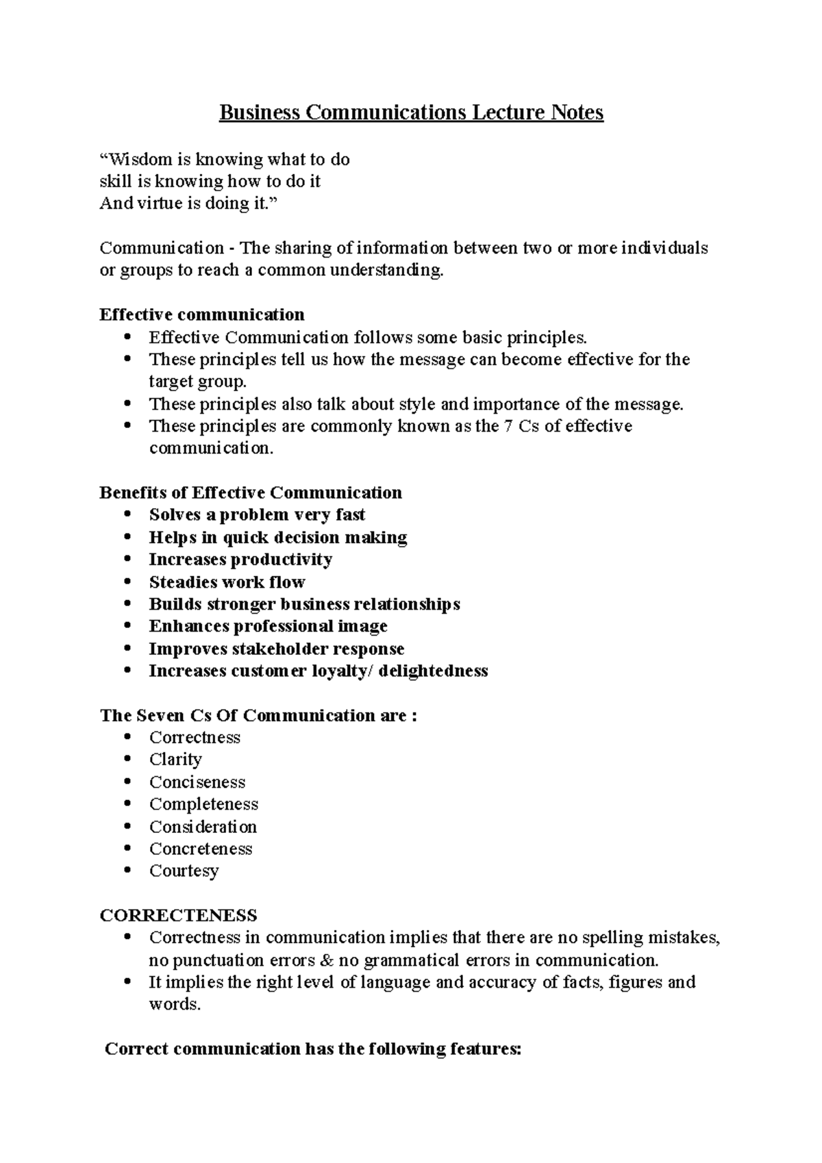 Bus Com Lecture 1 - Business Communications Lecture Notes “Wisdom is ...