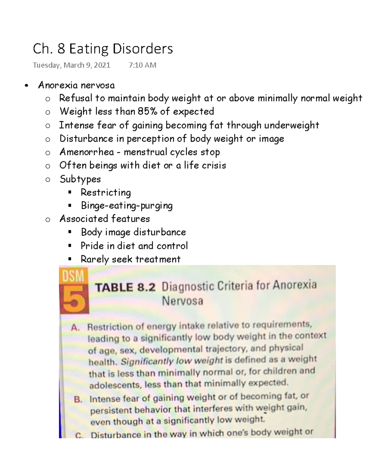 (Lecture) Ch. 8 Eating Disorders - Anorexia nervosa Refusal to maintain ...