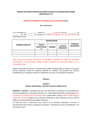 Constitucion-sociedad-sas - MODELO DOCUMENTO PRIVADO DE CONSTITUCIÓN DE LA  SOCIEDAD POR ACCIONES - Studocu