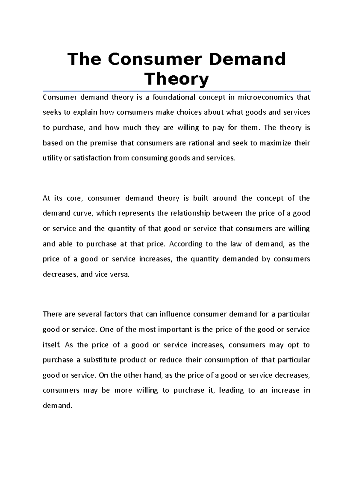 Brief Note on The Consumer Demand Theory The Consumer Demand Theory