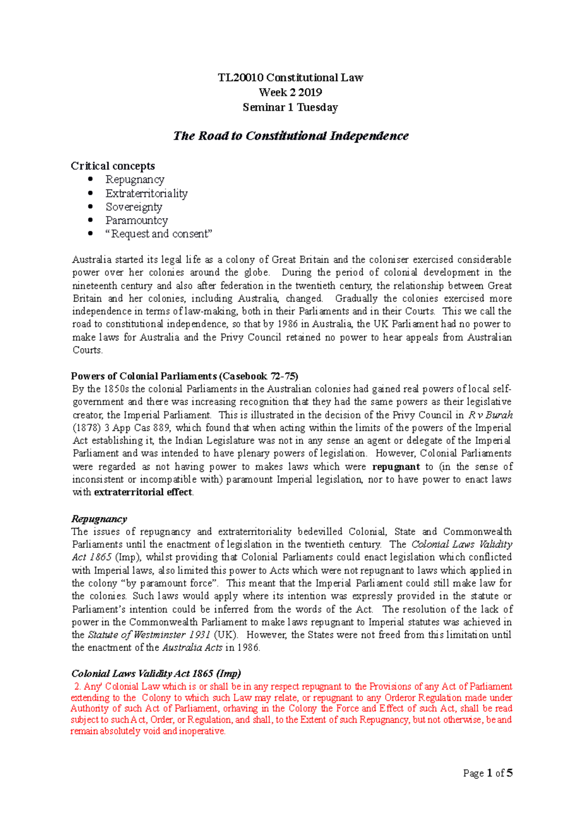 Week 2A Notes - lecture 2a - TL20010 Constitutional Law Week 2 2019 ...