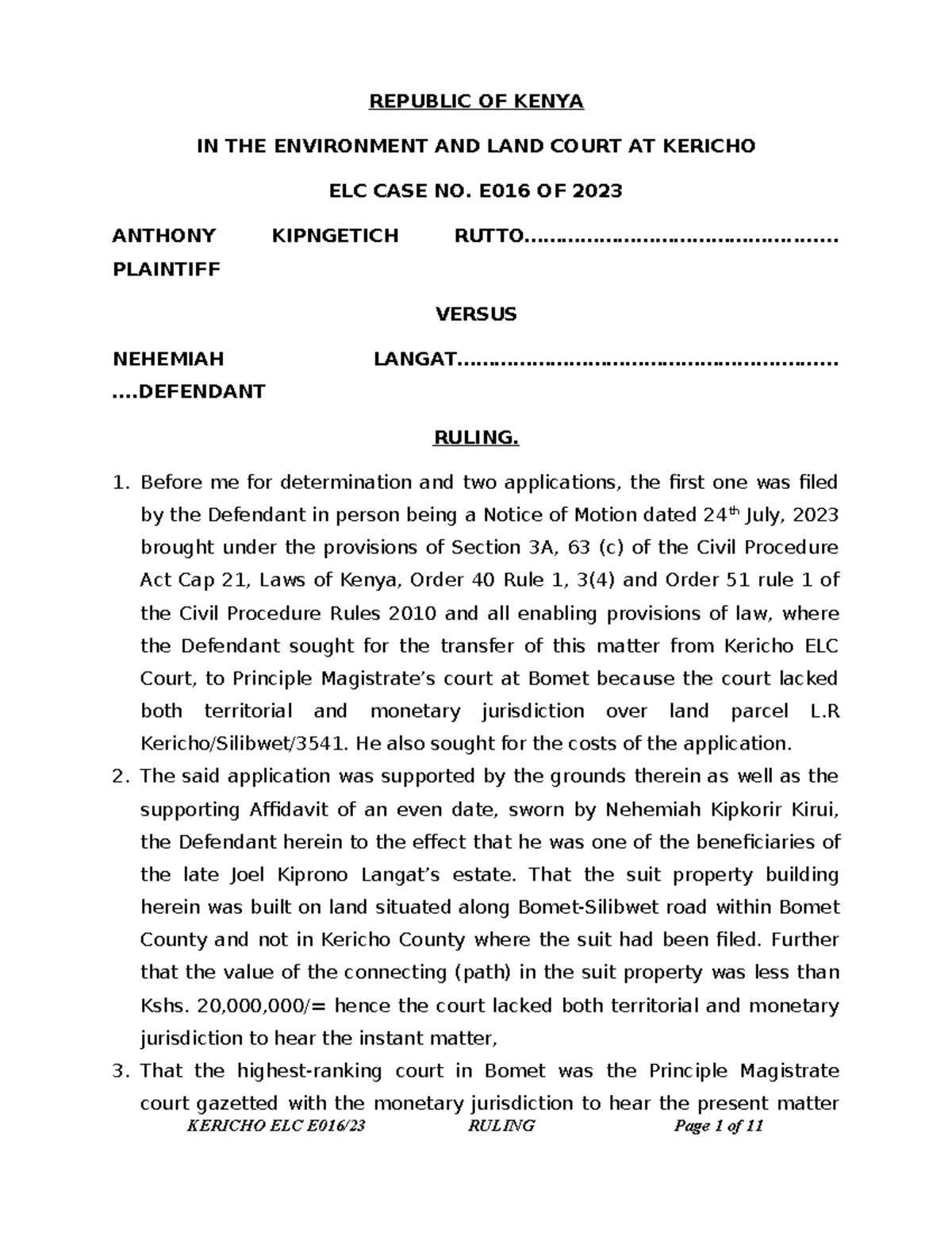 Rutto v Langat (Environment & Land Case E016 of 2023) [2024] Keelc 1666 ...