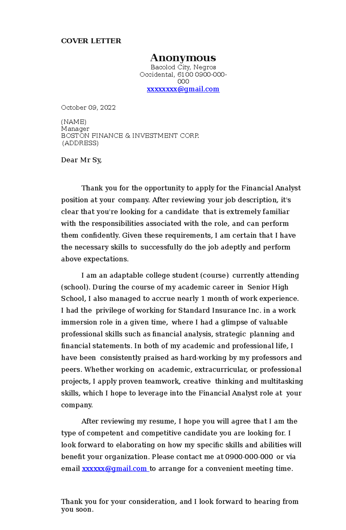 Career Portfolio- Sample - COVER LETTER Anonymous Bacolod City, Negros ...