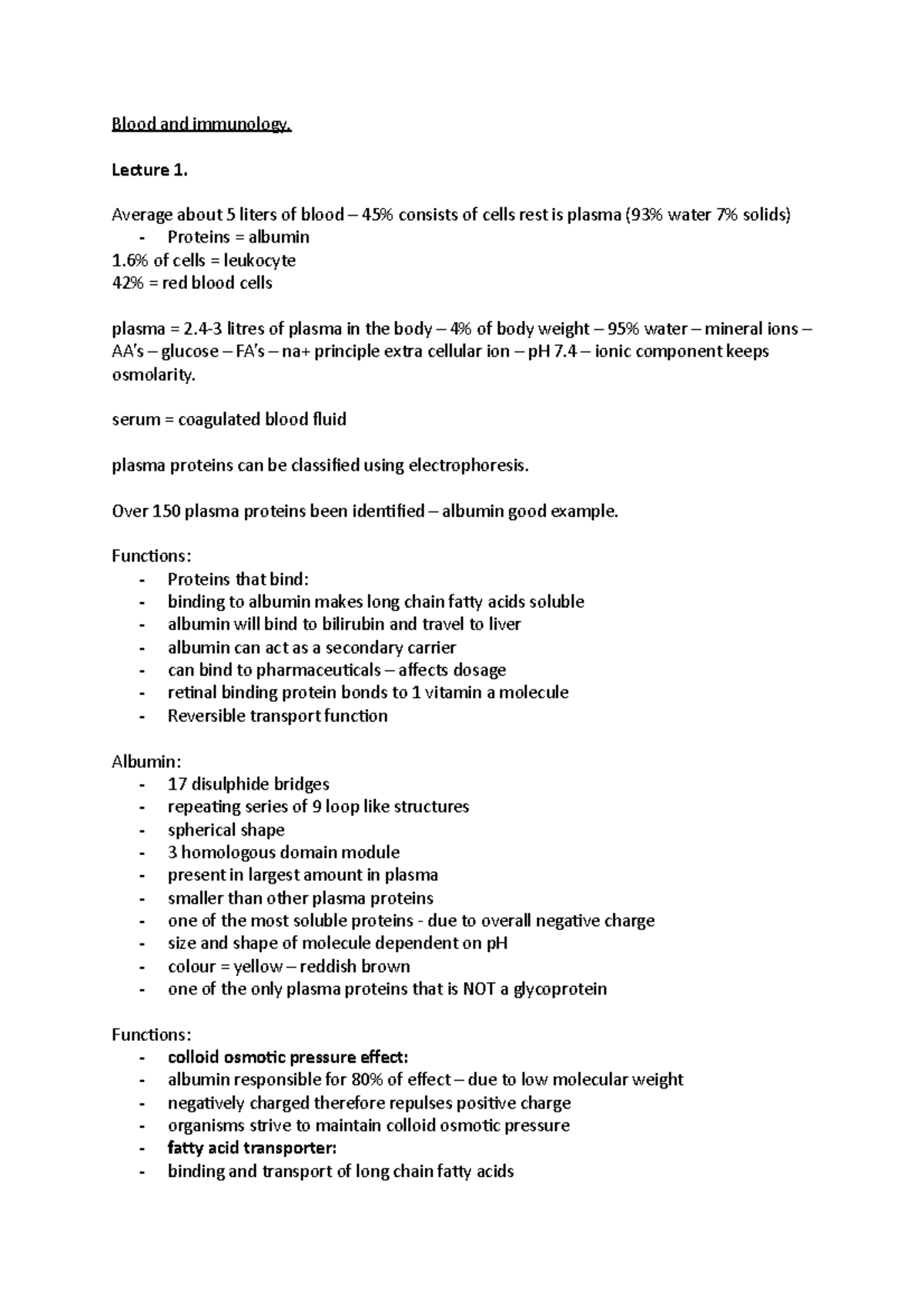 Blood and immunology - Lecture 1. Average about 5 liters of blood ...