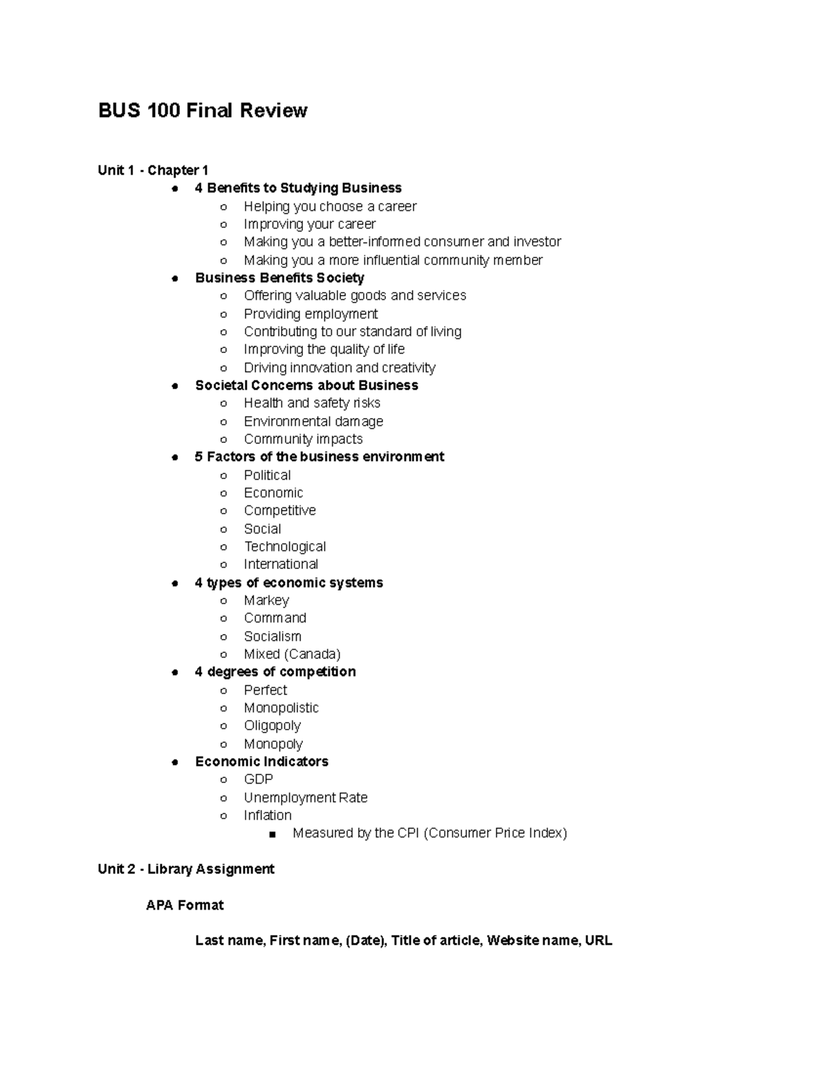 BUS 100 Final Review - BUS 100 Final Review Unit 1 - Chapter 1 4 ...