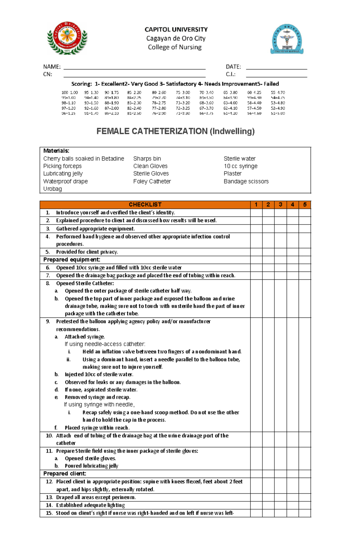 RLE 101 103 Checklist 2023 split 1 - FEMALE CATHETERIZATION (Indwelling ...