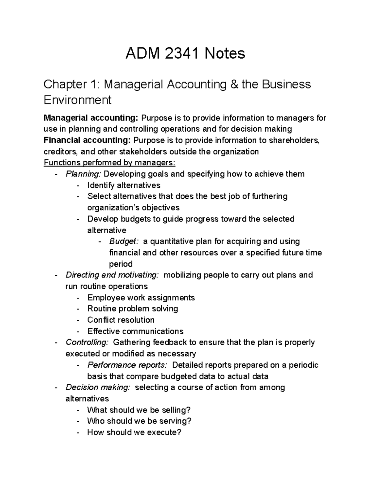 Adm 2341 Notes Adm 2341 Notes Chapter 1 Managerial Accounting The Business Environment Adm 2341 Notes Adm 2341 Notes Chapter 1 Managerial Accounting The Business Environment
