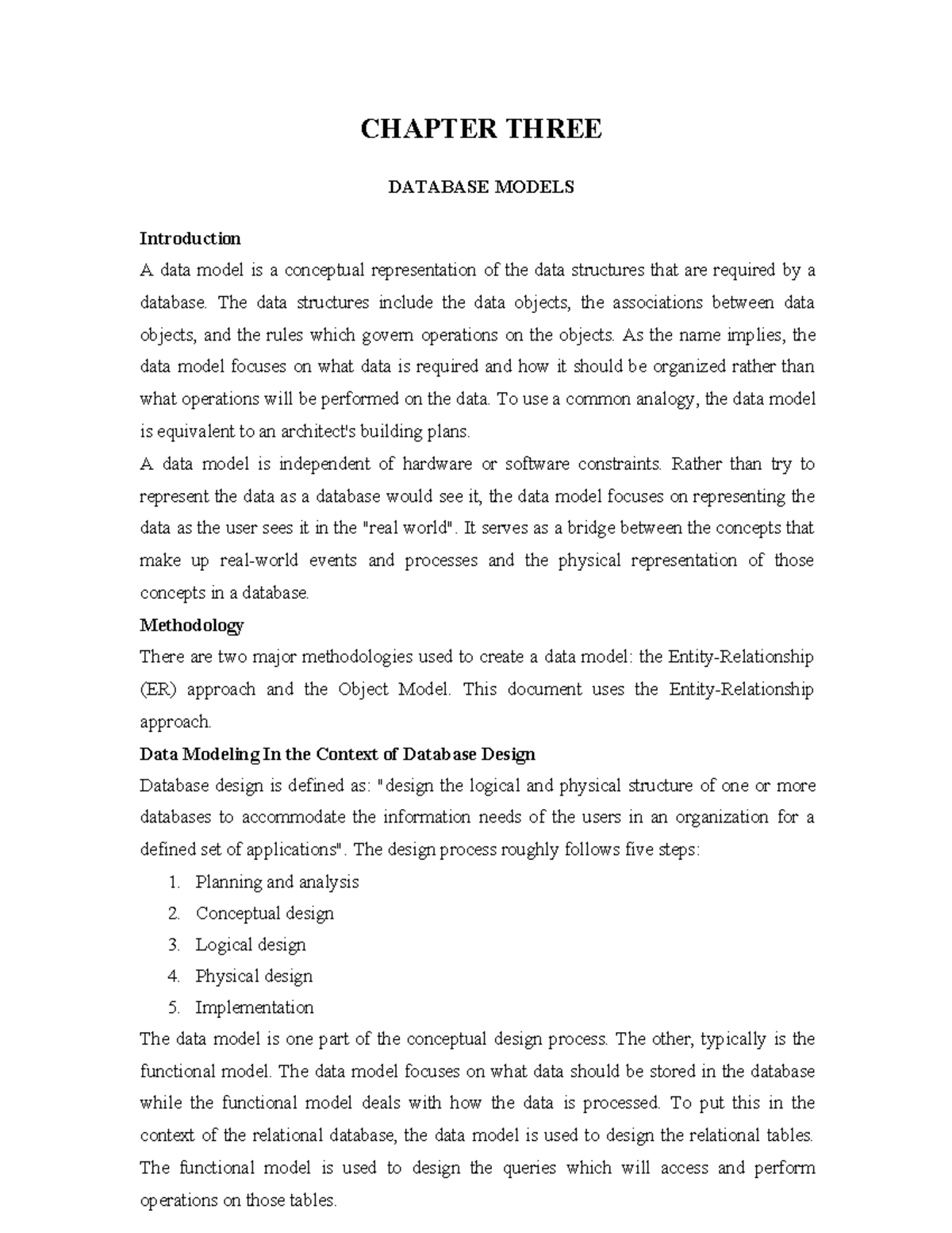 Chapter three-DATA Models - CHAPTER THREE DATABASE MODELS Introduction ...